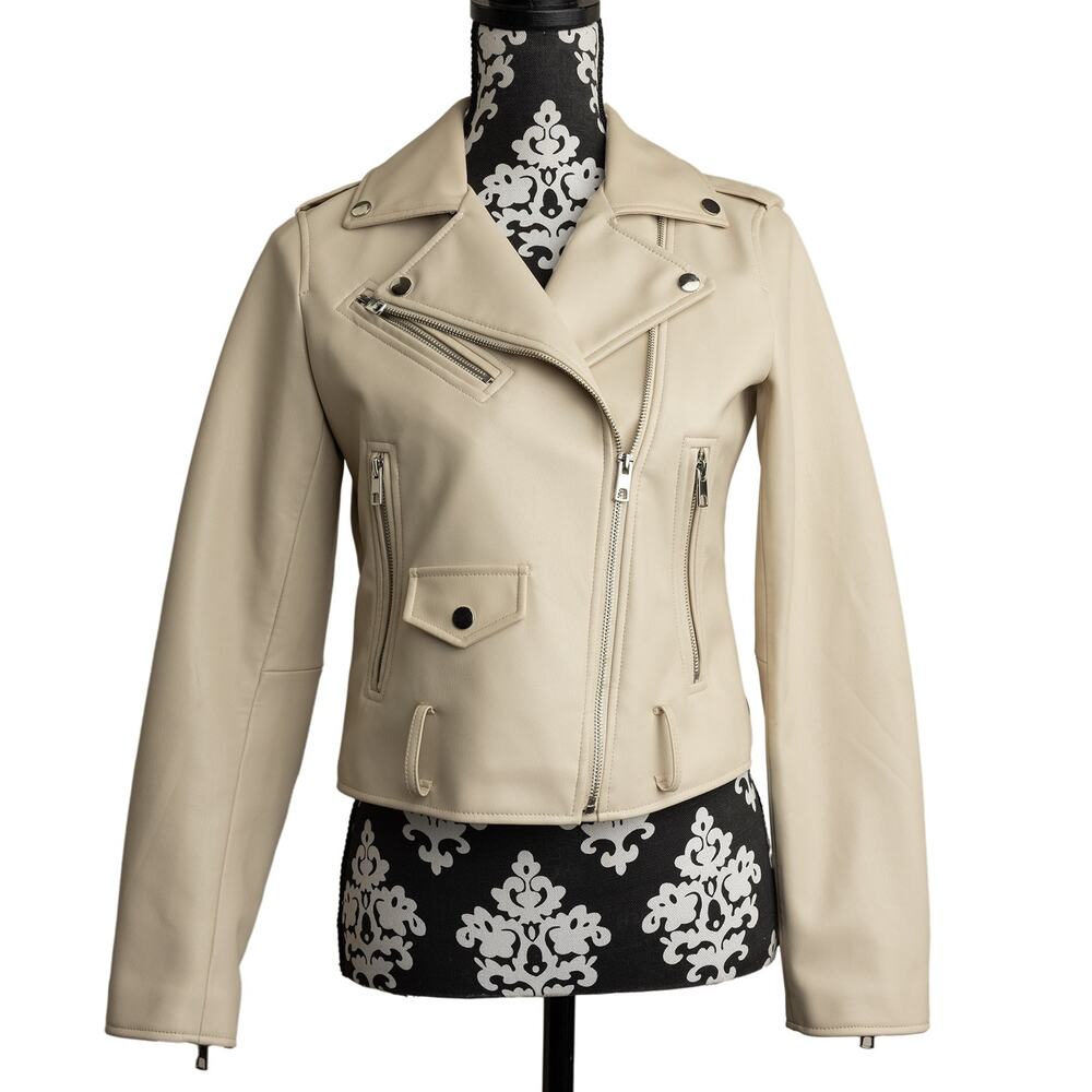 Women's Designer Zara Cream Ecru Vegan Leather Asymmetric Moto Jacket -EUC -Sz S